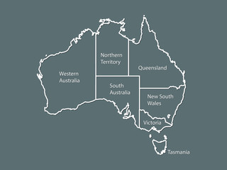 Australia map outline vector with state names on black background illustration