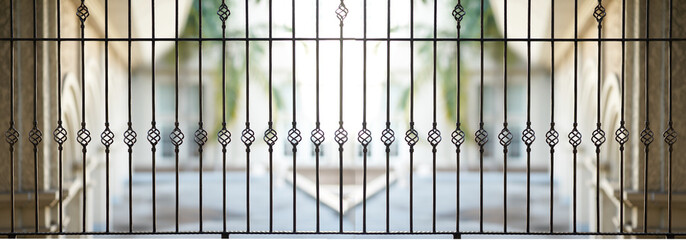 Steel grating window on house veranda with outside view for security and beautiful concept,panorama...