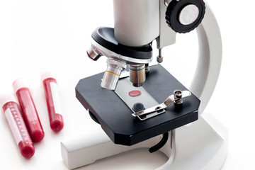 Blood drop under microscope on white background