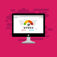 Laptop and internet speed. Loading page Seo and Development with Speedometer smartphone Technology