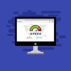 Laptop and internet speed. Loading page Seo and Development with Speedometer smartphone Technology