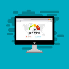 Laptop and internet speed. Loading page Seo and Development with Speedometer smartphone Technology