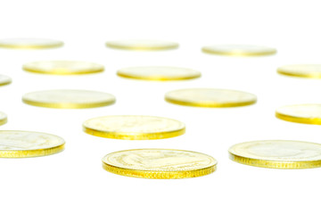 Income distribution concept with gold coin isolated on white background