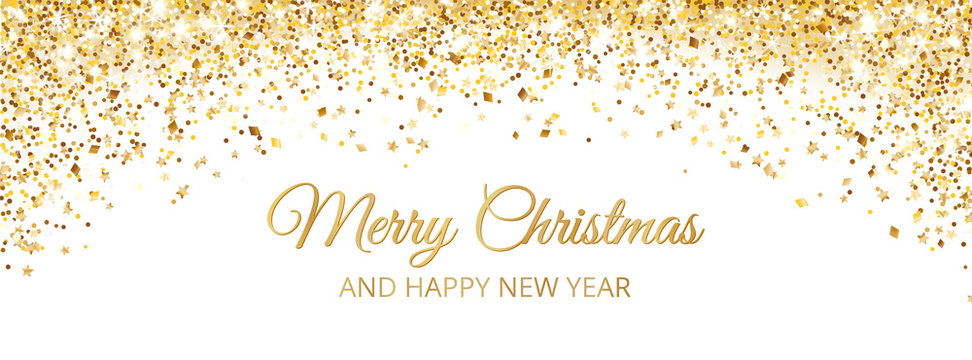Merry Christmas and New Year card design. Gold glitter decoration