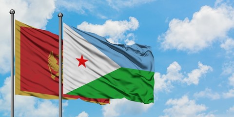 Montenegro and Djibouti flag waving in the wind against white cloudy blue sky together. Diplomacy concept, international relations.