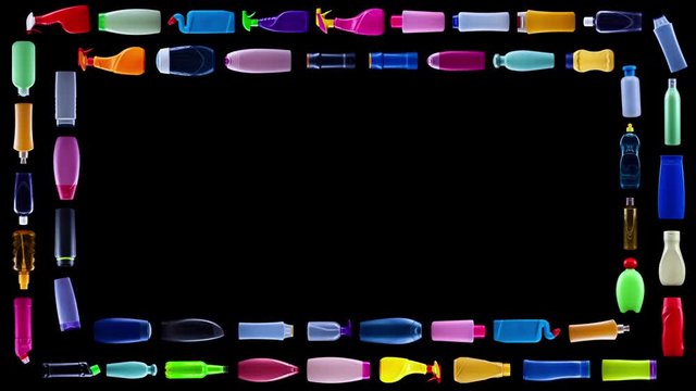 Plastic waste bottles moving, forming a rectangular double frame on black backround, pollution concept - with copy space, seamless loopable animation