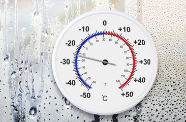 Celsius and fahrenheit scales thermometer for measuring weather temperature. Ambient temperature minus 25 degrees celsius