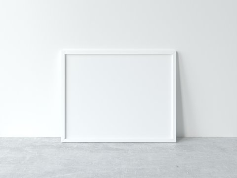 Horizontal white frame mockup. Minimal white frame on concrete floor. 3d illustrations.