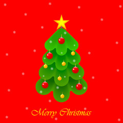 Naklejka premium Christmas tree decorated with colorful balls snowflakes and star. Greeting card, festive poster, party invitations. New year. Vector illustration in flat style