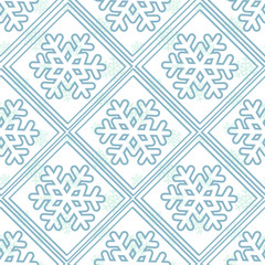 Vector seamless geometric winter pattern with snowflakes on white background; holiday design for greeting card, gift box, wallpaper, fabric, web design.