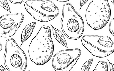 Seamless pattern with avocado sketch on a white background. Engraving illustration with hatching. Healthy keto diet. Vector texture for wallpapers, fabrics, backgrounds and your design.
