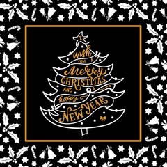I wish you a Merry Christmas and a Happy New Year. Hand drawn lettering. Best for Christmas / New Year greeting cards, invitation templates, posters, banners. Vector illustration