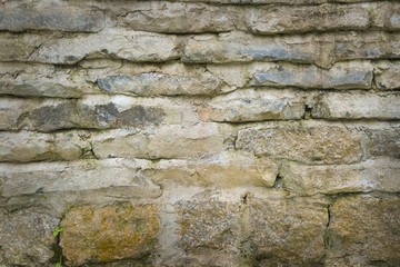 Texture of a stone wall. Background of old vintage dirty brick wall with peeling plaster, texture.
