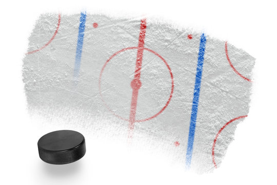 Hockey puck and fragment of the hockey arena with markings