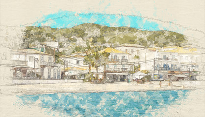 Watercolor sketch or illustration of buildings of Spetses island on Saronic gulf near Athens. Greece