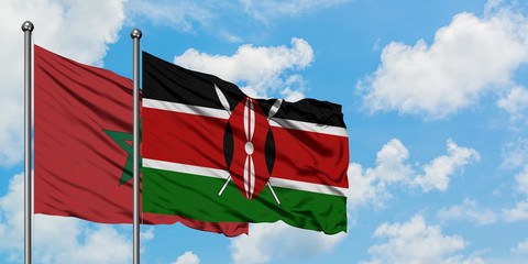 Morocco and Kenya flag waving in the wind against white cloudy blue sky together. Diplomacy concept, international relations.