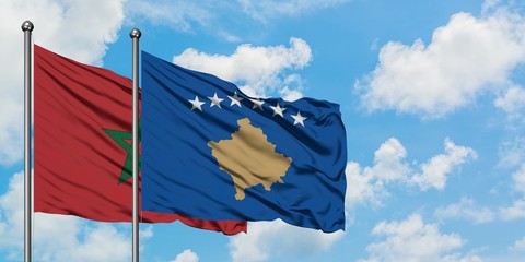Morocco and Kosovo flag waving in the wind against white cloudy blue sky together. Diplomacy concept, international relations.