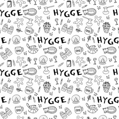 Seamless pattern with hygge hand drawn elements. Outline black and white objects for cozy design. Vector illustration.