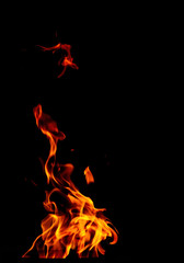 Fototapeta premium Fire flame isolated on black background. Beautiful yellow, orange and red spurts of flame.