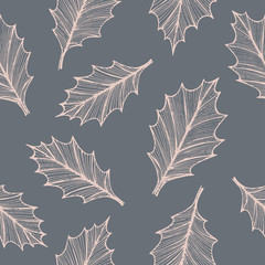 Hand drawn Christmas seamless pattern. Vector background with holly leaves.