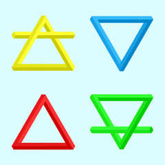 Alchemical symbols of the four elements. Magic color icons of air, water, fire and earth in the style of impossible triangles. Vector logos.