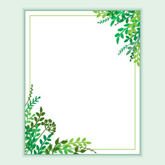 Earth Day banner with spring green leaves, branches. Wedding floral invitation, save the date card design with forest greenery herbs, foliage. Vector frame natural, botanical border, corner template.