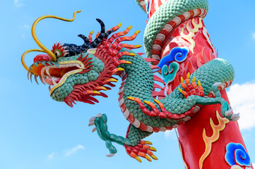 Dragon pillars sculpture at chinese temple on blue sky background