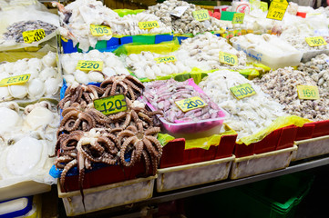 Fresh octopus on ice at the fresh market in Thailand