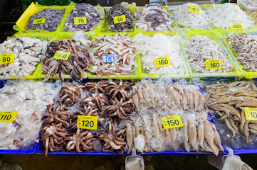Fresh octopus on ice at the fish market in Thailand