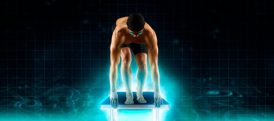 Swimmer jumping from starting block