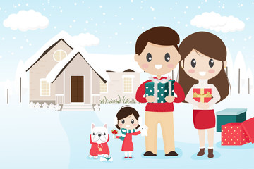 Fototapeta premium happy family with pet french bulldog on snowy Christmas boxing day eps10 vectors illustration