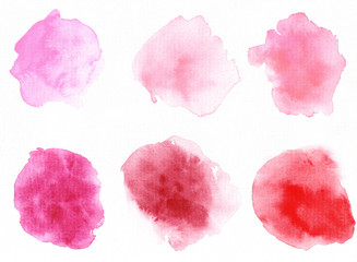 Set of watercolor abstract pink, red spots. Hand-drawn on paper. Valentine day.