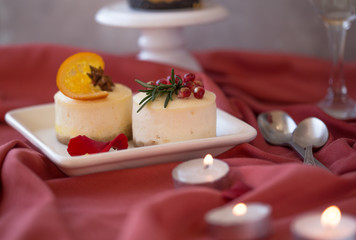 Heaps of various mini cheesecake is one type of chocolate cake. Vintage tone. Christmas cheesecake with mascarpone.