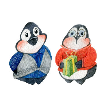 Penguins Christmas set  watercolor illustration on white background