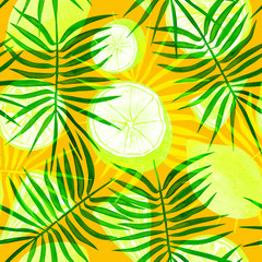 Fototapeta na wymiar juicy citruses and green leaves on a bright sunny background. tropical seamless print. watercolor pattern with lime fruit.