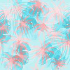Behang Lichtroze kokospalmen op een lichtblauwe achtergrond. regenwoud. tropische naadloze patroon. roze boom op hemelachtergrond.
