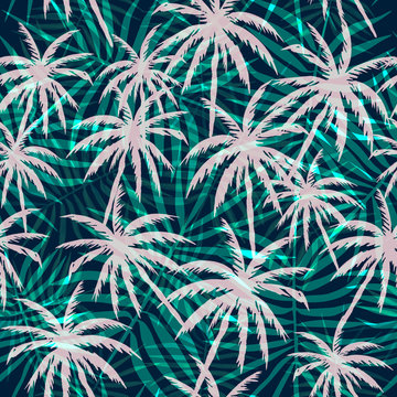 Night Jungle Print. Seamless Tropical Pattern. Pink Coconut Palms And Leaves On A Glowing Green Background. Paradise Vacation. Surf Print.