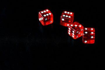 Red dice on a black background close-up. Gambling сoncept