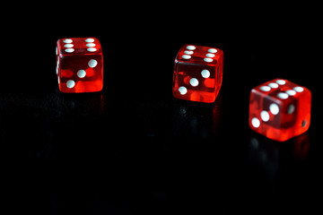 Red dice on a black background close-up. Gambling сoncept