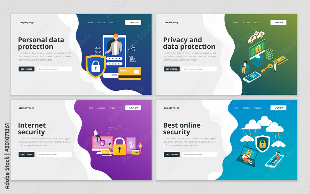 Wall mural landing page template of personal data protection, privacy and internet security for website and mob
