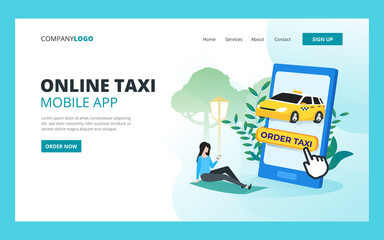 Obraz na płótnie Canvas Online taxi mobile application web page template. Car sharing service and online city transportation concept for website and mobile website development