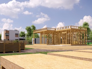 Fototapeta na wymiar 3d image of a frame building under construction. Detailed concept of construction. 3D illustration of frame house.