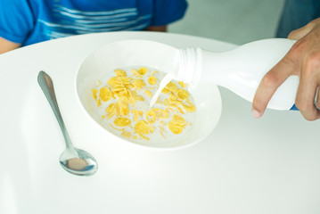 cereal with milk in a white plate for breakfast, space for text, isolate