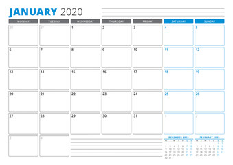 Calendar planner template for January 2020. Stationery Design. Week starts on Monday. 3 Months on the Page. Vector Illustration