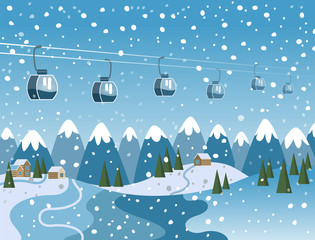Mountain Skiing Resort. Winter Landscape. Ropeway, Cable car, Funicular. Snowfall in the mountains. Vector illustration.