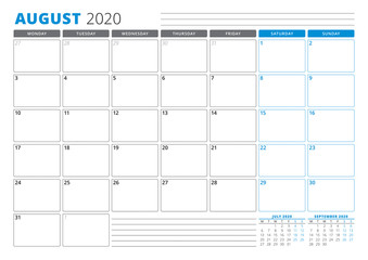 Calendar planner template for August 2020. Stationery Design. Week starts on Monday. 3 Months on the Page. Vector Illustration