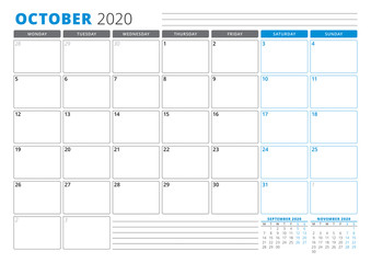 Calendar planner template for October 2020. Stationery Design. Week starts on Monday. 3 Months on the Page. Vector Illustration