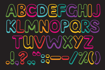 Funny children font with color letters. Colorful alphabet on a black background. Vector illustration.