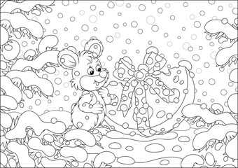 Fototapeta premium Little mouse with a Christmas gift cheese under snow-covered branches of firs in a winter forest on a beautiful snowy day, black and white vector cartoon illustration for a coloring book
