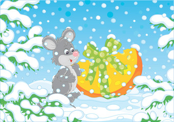 Little grey mouse with a Christmas gift cheese under snow-covered branches of green firs in a winter forest on a beautiful snowy day, vector cartoon illustration